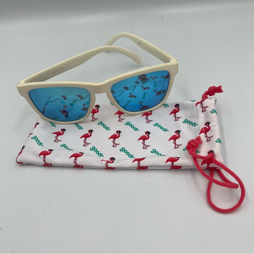 Goodr White Sunglasses with Blue Lenses and Flamingo Soft Case Fun Beachy Unisex